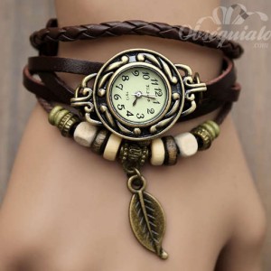 Reloj con brazalete de correa de cuero estilo retro para mujer
